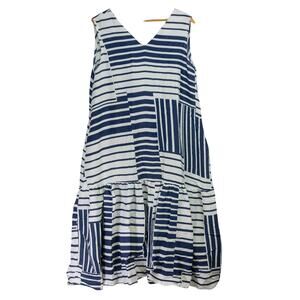 Women's Large Linen Blend Swing Dress 4 CUS Sleeveless Geometric Blue White